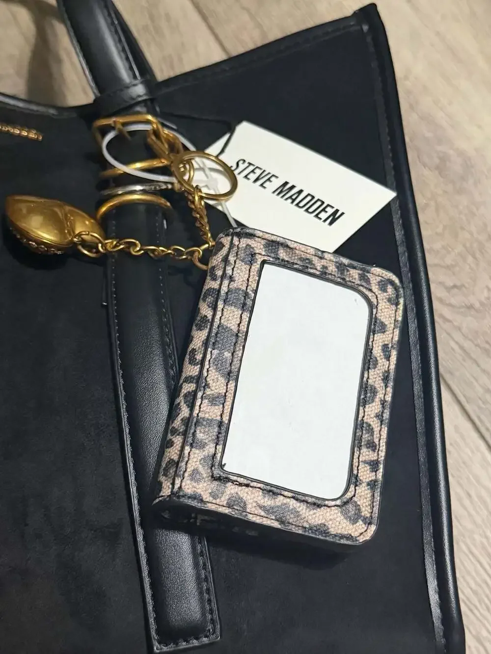 NWT Steve Madden Black Suedette Tote Bag with Leopard Print Card Holder & Charm
